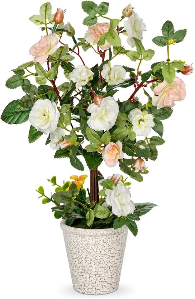 Hollyone Artificial Plants & Flowers in Vase White Camellia Roses Faux Flower Plant Arrangement with Pot Fake Rose Flowers Home Decor Office Bathroom Shelf Desk Table Decoration