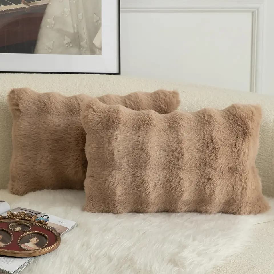 MANDIOO Pack of 2 Thick Plush Wool Decorative Throw Pillow Covers Super Soft Wave Bubble Fur Velvet Cushion Covers Pillow Shams for Couch Bed Living Room 16x24 Inch Camel