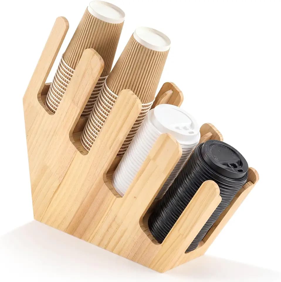 Frienda 4 Compartments Pine Wood Cup and Lid Dispenser Organizer