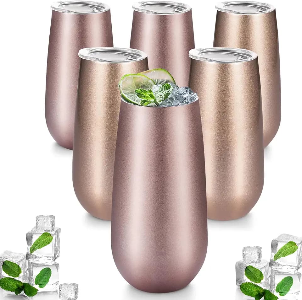 Maxdot 6 Pieces Champagne Tumbler Stemless Flutes Double Insulated Mini With Lips Stainless Steel Cocktail Cups for Coffee Wine Glass (Rose Gold, Champagne)