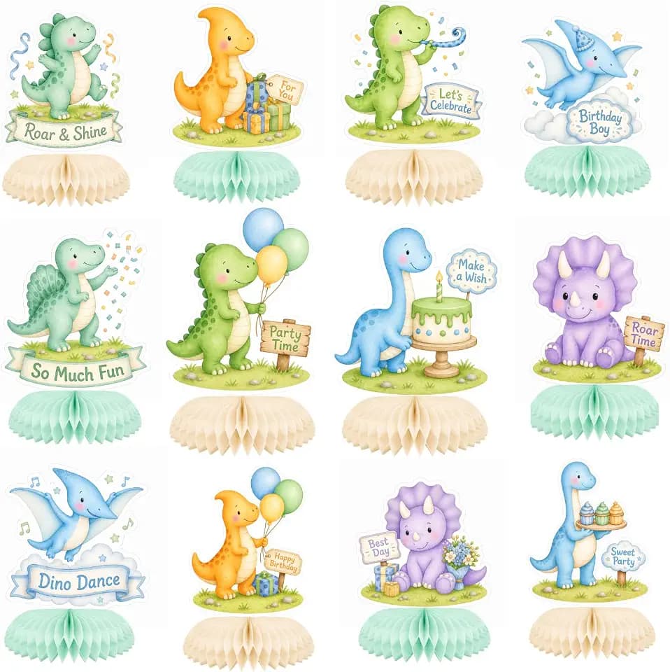 ALISSAR 12 Pcs Dinosaur Honeycomb Centerpieces, Boy Dino Birthday Decor