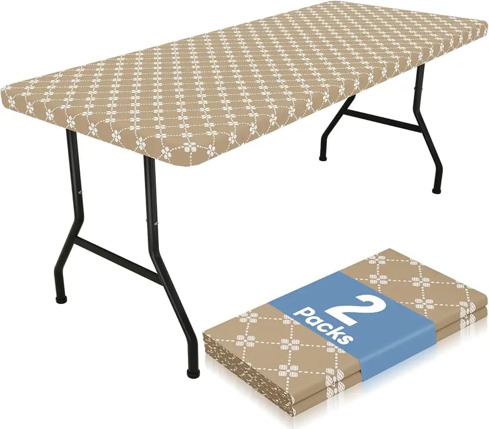 misaya 2 Pack Rectangle Vinyl Table Cloth, Elastic Fitted Tablecloth with Flannel Backing, Waterproof Plastic Table Cover Fits 8 Foot Folding Tables for Picnic, Camping and Outdoor (Khaki, 30" x 96")