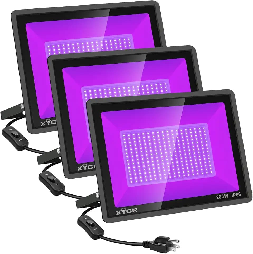 XYCN 3 Pack 200W LED Flood Black Lights,Outdoor Flood Blacklight Light with Plug, IP66 Waterproof forGlow in The Dark, Dance Party, Stage Lighting, Body Paint, Fluorescent Poster, Neon Glow