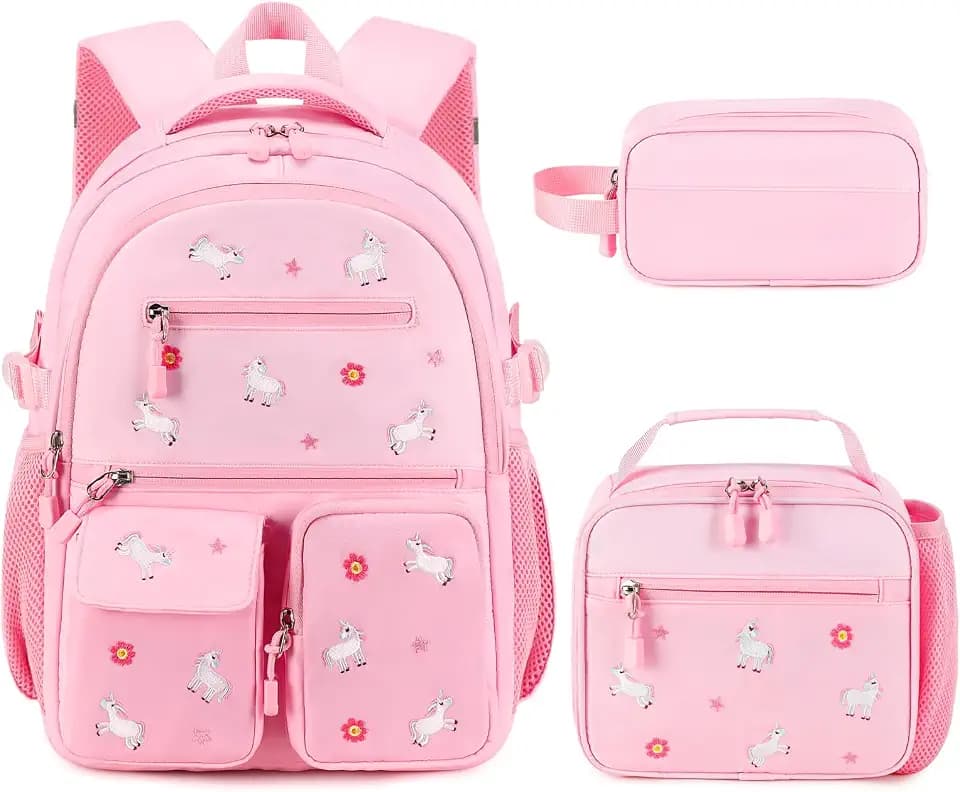 DIGOBAY Backpack for Girls 6-8, 3PCS Embroidery Toddler Girls Backpack with Lunch Bag Pencil Case, 15.7" Kids School Bookbag for Preschool Kindergarten Elementary Daycare Backpacks, Pink Unicorn