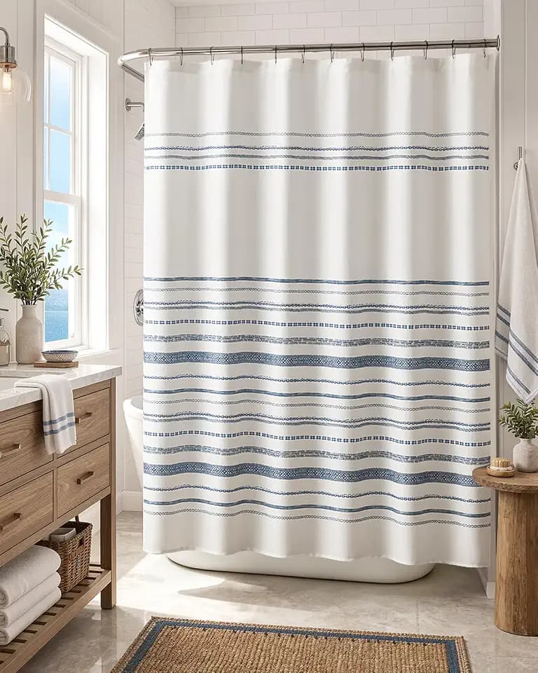 jinchan Boho Shower Curtains for Bathroom Farmhouse Rustic Geometric Design in Neutral Blue on White Striped Shower Curtain with Hooks 70x72 inch Waterproof Bathroom Decor