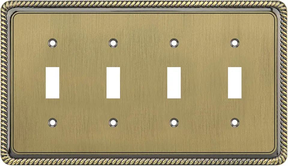 Henne Bery Rope Edge Decorative Wall Plate Switch Plate Outlet Cover (Quad Toggle, Antique Brass)
