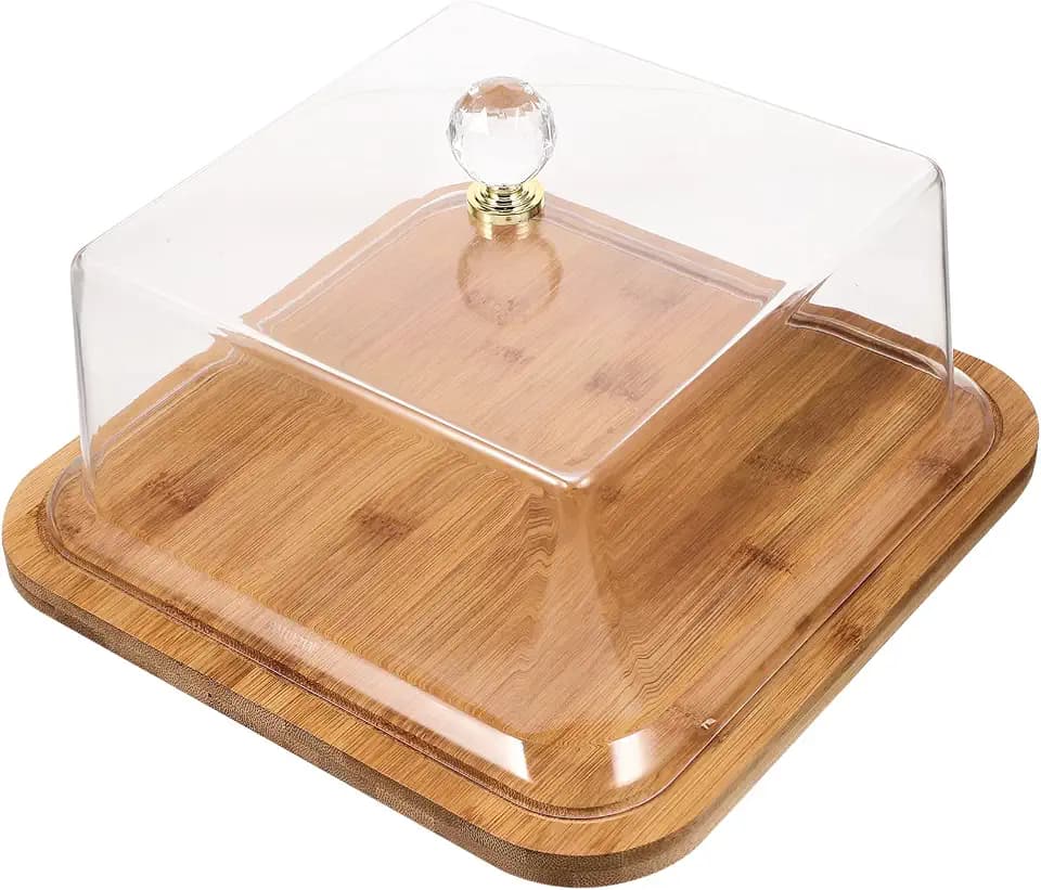 Covered Cake Stand with Transparent Acrylic Lid Wooden Cake Tray Server for Food Display for Parties and Baking Events