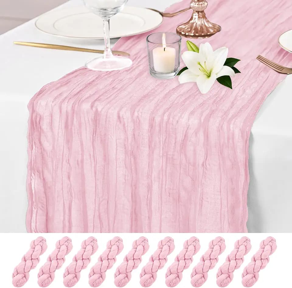 10 Pack Pink Table Runner 17 x 108inch Cheesecloth Table Runner Rustic Boho Gauze Sheer Fabric Cheese Cloth Table Runners for Wedding Party Bridal Baby Shower Birthday Spring Table Decor