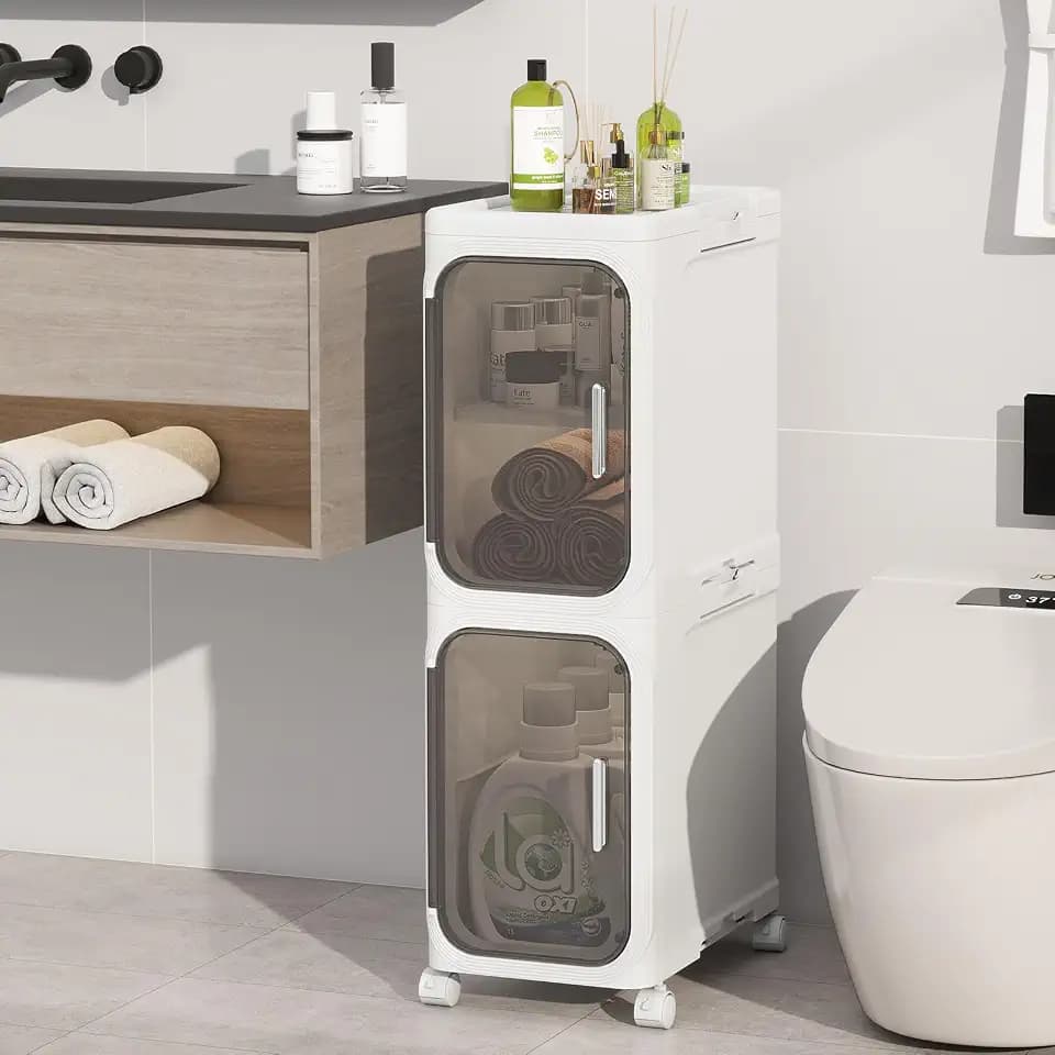 2 Tier Slim Bathroom Storage Cabinet, Foldable and Movable, White