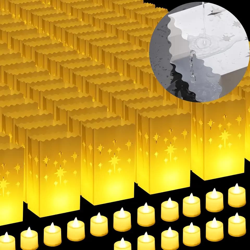 50 Pack Waterproof Luminary Bags with Flameless Candles, Star