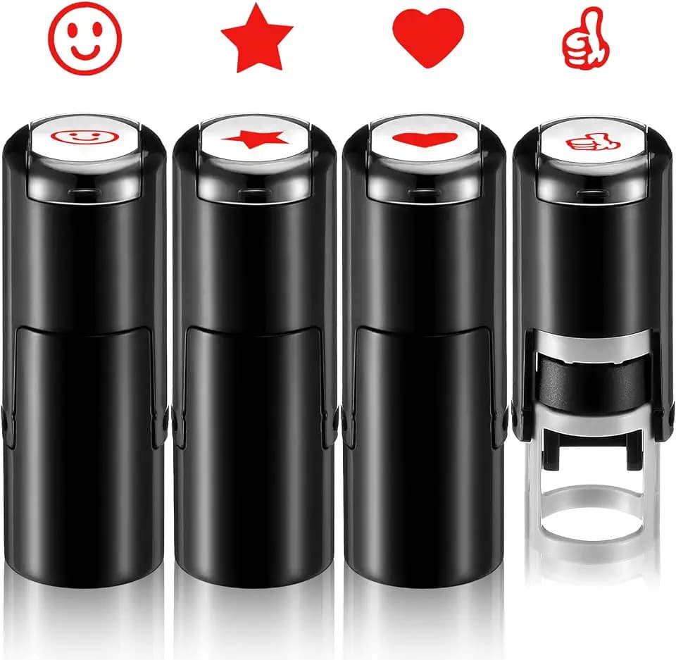 4 Pcs Round Teacher Hand Print Stamp Personalized Mini Stamps Red Ink Heart Paw Print Star Thumbs-up Shapes Mini Self Inking Stamps for Classroom Party Educational Learning Activities Craft Supplies