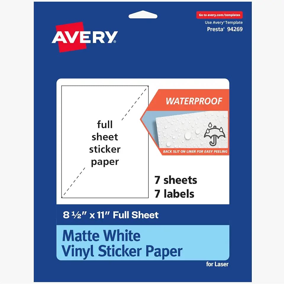 Avery Printable Vinyl Sticker Paper, 8-1/2" x 11", Matte White, Permanent Adhesive, Laser Printer Compatible, 7 Sheets Total, Ideal for Decal Stickers, Giveaways, Decals for Water Bottles, and More