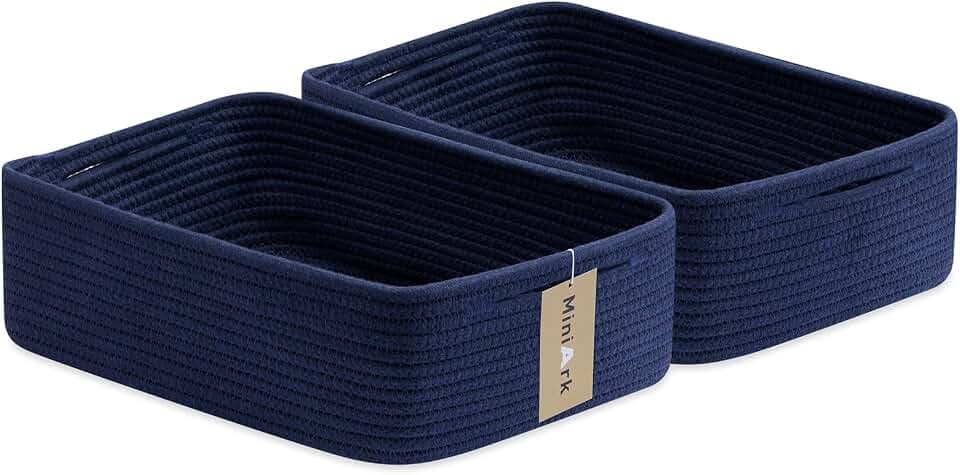 MiniArk Large Shallow Organizing Baskets 15x11x5.1 Inches - Rope Woven Storage Bins for Bathroom, Shelves, Cube Closet, Navy Blue 2 Packs