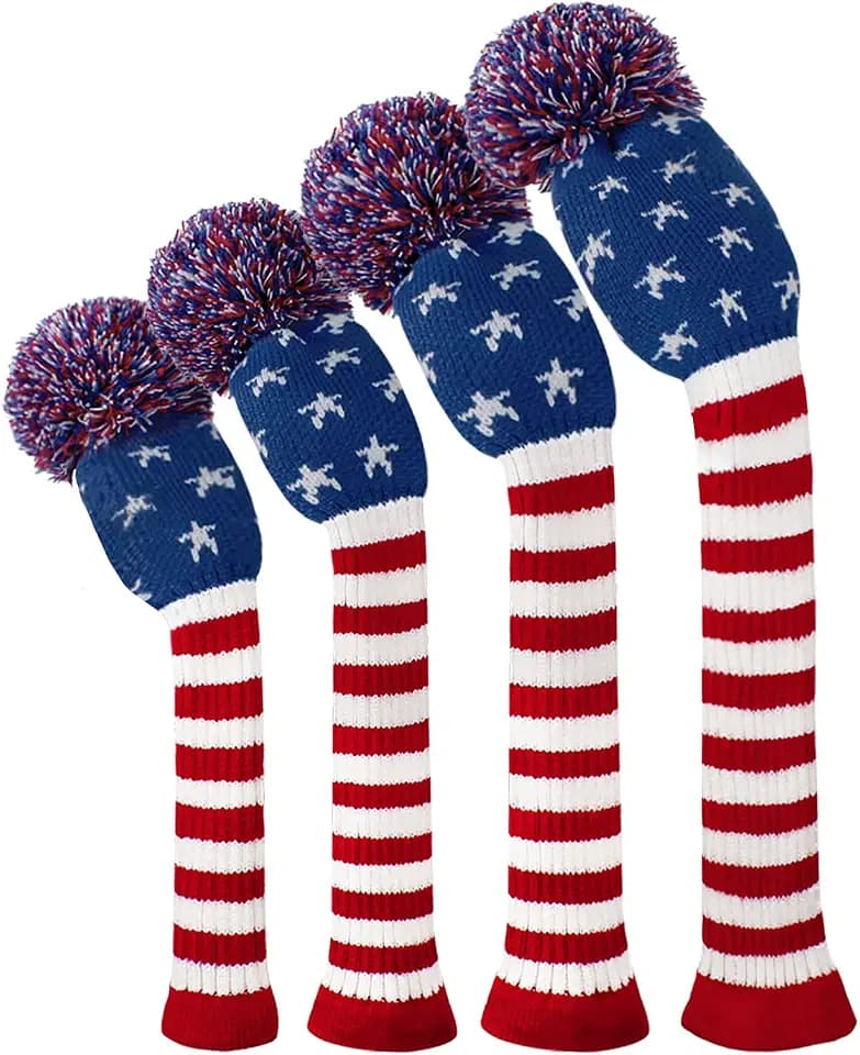 Scott Edward Knitted Golf Head Covers 4PCS Handmade Fit Well for Driver and Fairway Woods with Long Neck Pom Pom Golf Club Headcovers Set