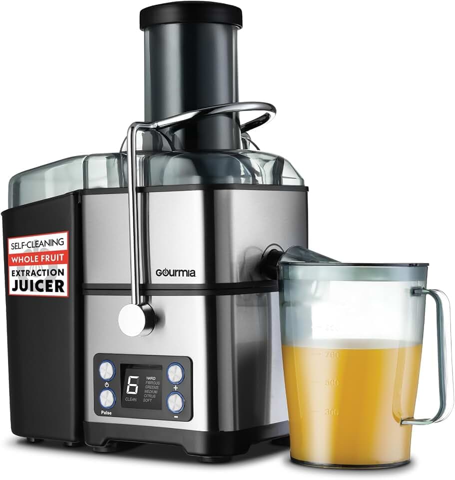 Gourmia Centrifugal Juicer - 6 Speed Digital Juice Extractor with Extra-Wide Chute, Pulse Mode, Self-Clean Cycle, 36 oz Pitcher, Pulp Container & Cleaning Brush, Stainless Steel
