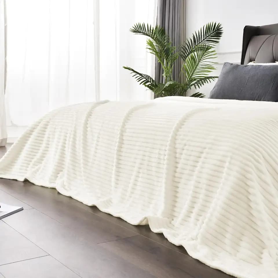 BEDELITE 3D Ribbed Jacquard Cream Blankets Queen Size for Bed, 90x90 Inch