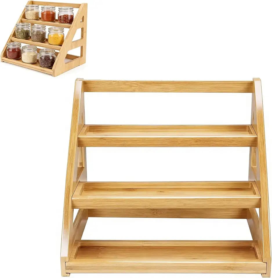 Tiered Spice Rack - Bamboo Spice Organization for Cabinet, 3-Tier Countertop/Kitchen Storage Shelf with Jars, Space-Saving Organizer