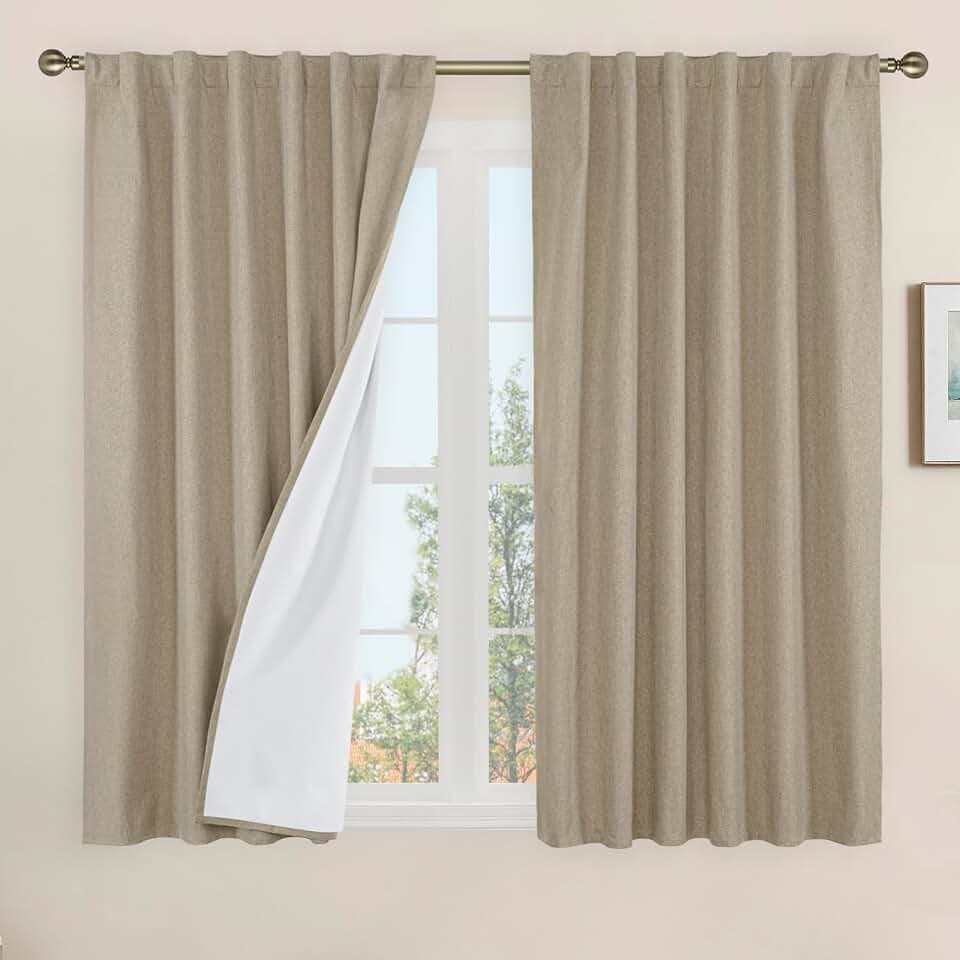 LAMIT 54 Inch Long Linen Full Blackout Window Curtains for Bedroom 2 Panels