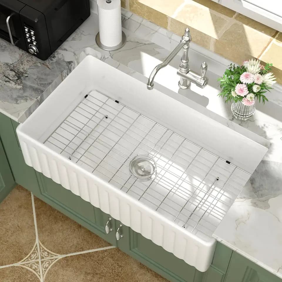 Logmey 36 Inch White Farmhouse Sink Ceramic Porcelain 36x20 Fireclay Farm Kitchen Sink Apron Reversible Large Single Bowl
