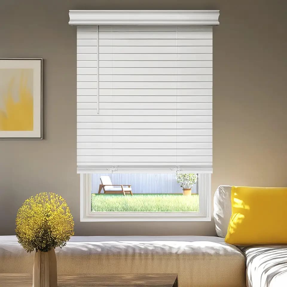 2" Cordless Faux Wood Blinds, Blackout Wooden Blinds for Indoor Windows with No-Hole Slats, New White, 32.5" W x 48" H by YELLOW BLINDS