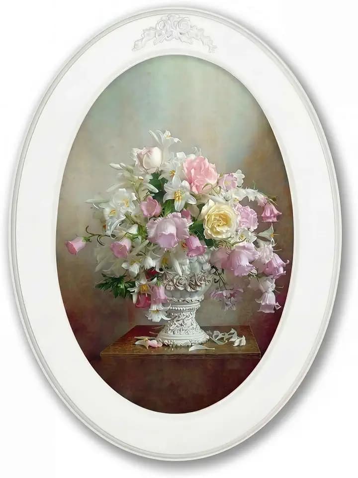 Elenadecor Oval Framed Bluebell Canvas Wall Art 11x15 Inch Vintage Floral Print White Ornate Frame Shabby Chic Home Decor for Living Room Bedroom Entryway