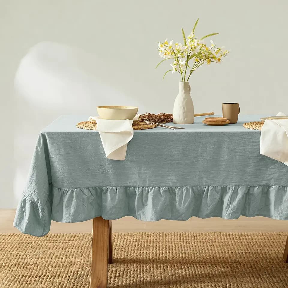 MONDAY MOOSE Ruffle Farmhouse Rustic Rectangle Natural Stonewashed Cotton Tablecloth for Kitchen, Dining Room, Restaurant (60x86 inch, Slate Blue)