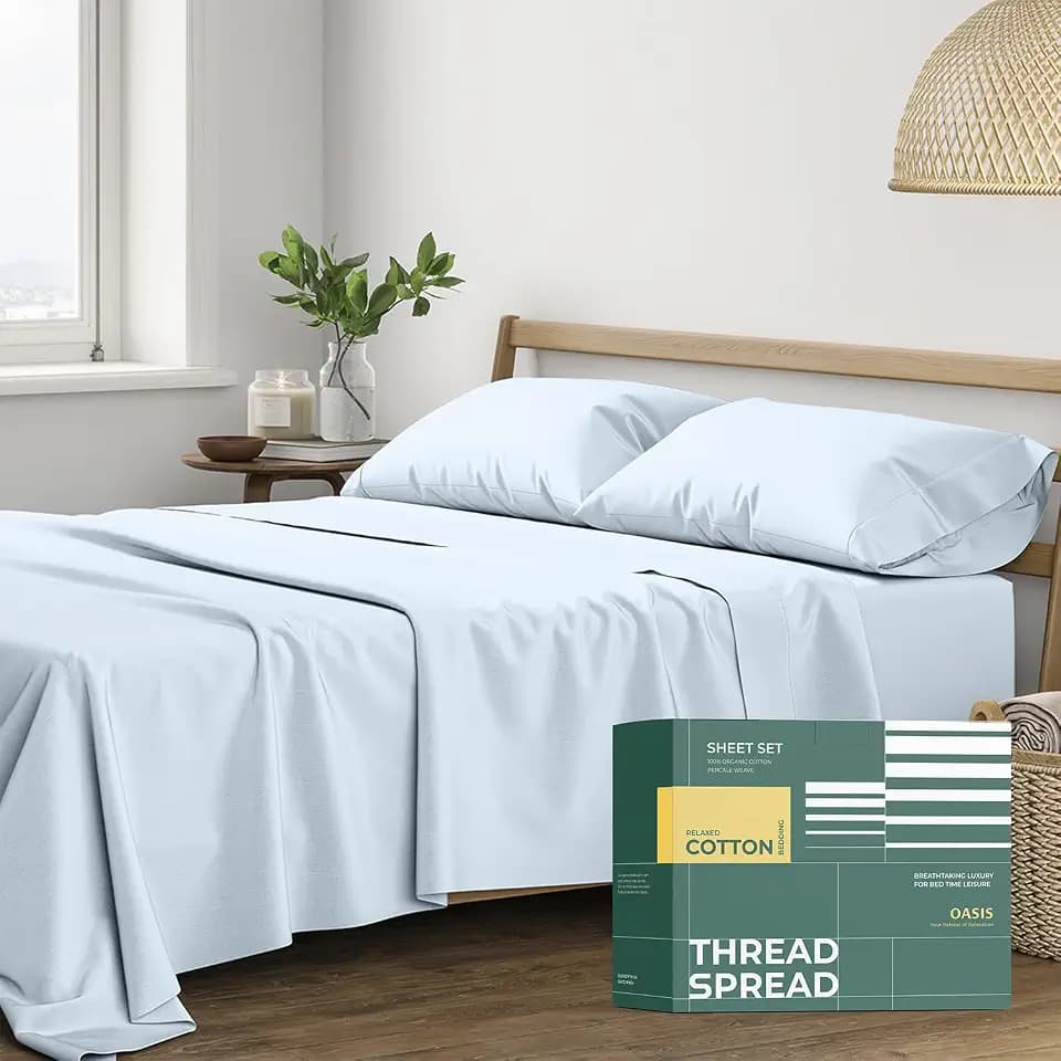 THREAD SPREAD 100% Organic Cotton Sheets King Size - 4 PC Organic Cotton King Size Percale Weave Sheet Set, Soft, Cooling & Crisp, 16" Deep Pocket Hotel Quality Bedding Set - Light Blue