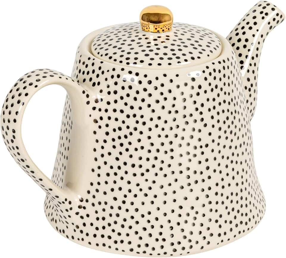 Creative Co-Op 32-Ounce Stoneware Teapot with Black Speckles and Gold Electroplated Accents, Black and White