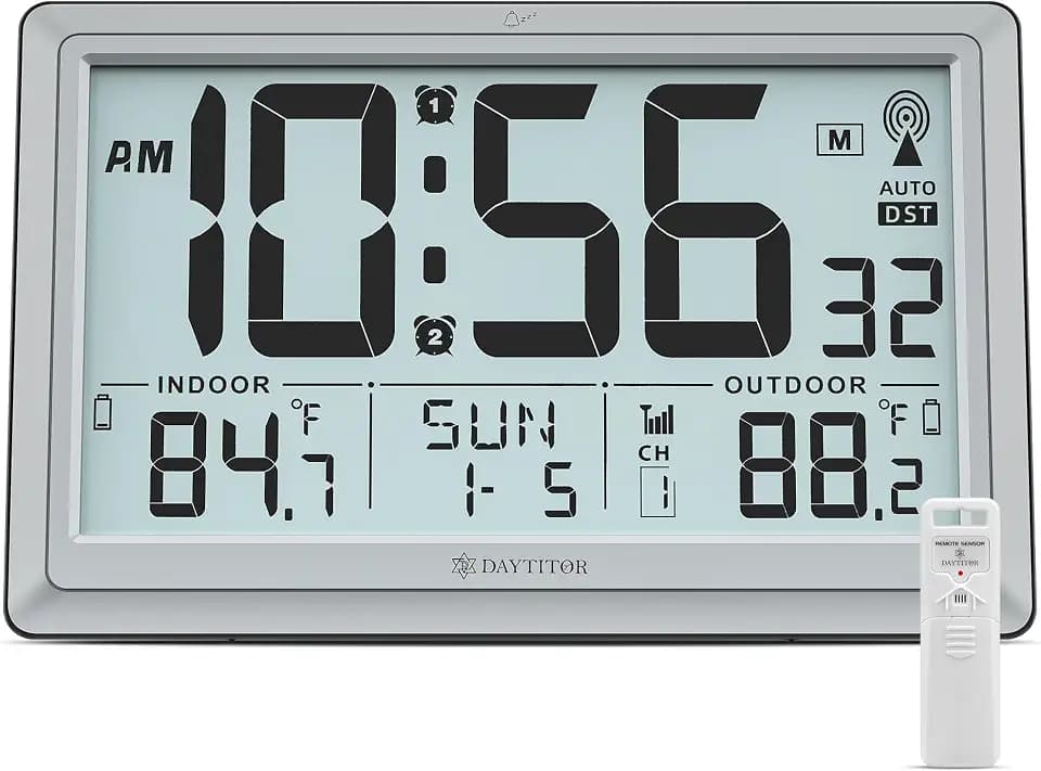 Atomic Clock Wall with Indoor/Outdoor Temp & 10.5" Large LCD Display