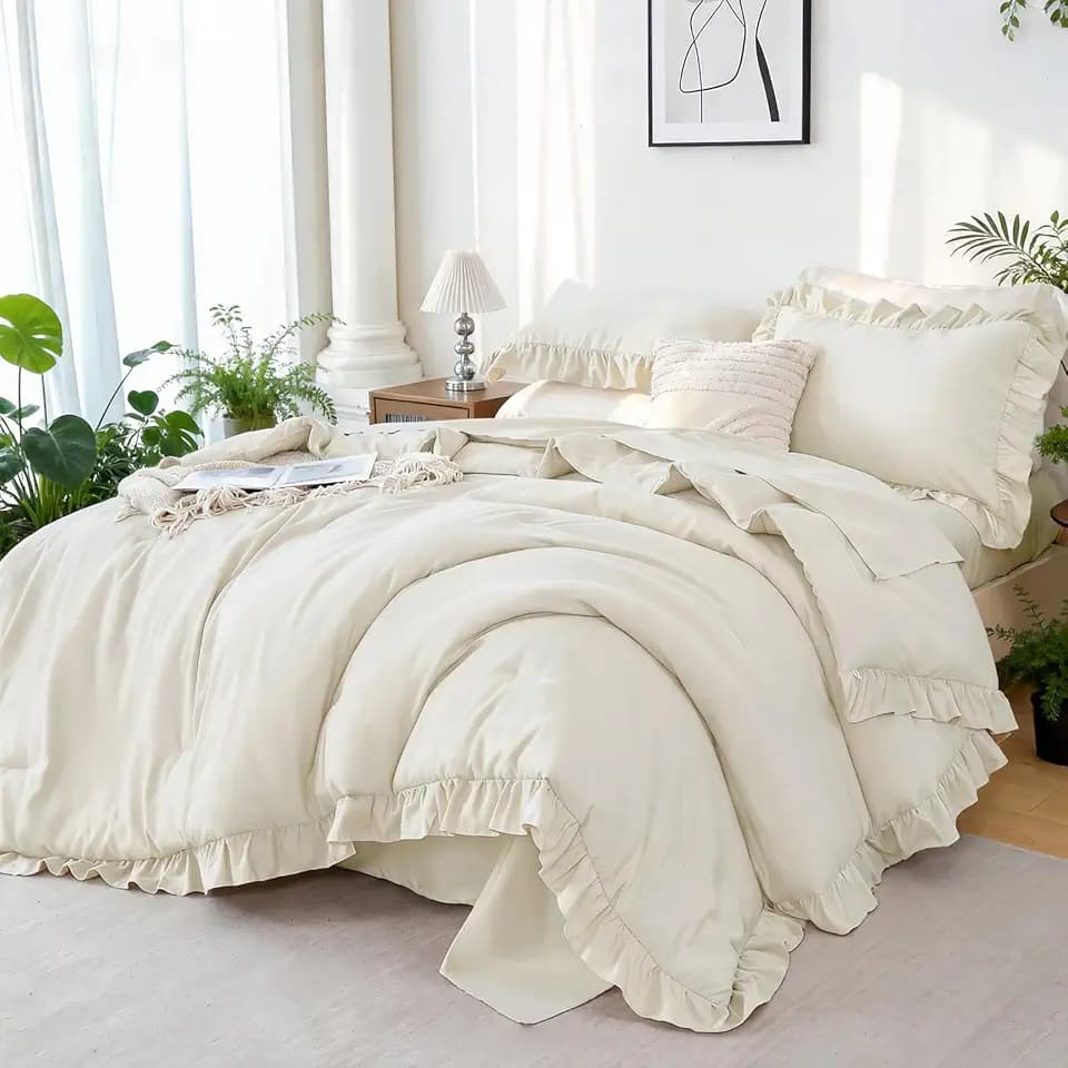 ZRNBAST Beige Queen Comforter Set 5 Pieces Ruffle Shabby Chic Bedding Set for All Season Lightweight Fluffy Soft Microfiber Bed in a Bag Ruffled Boho Farmhouse Bed Sets