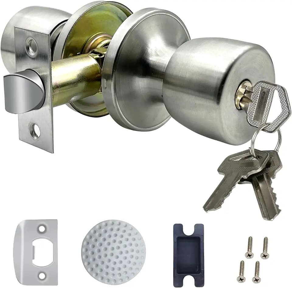 Satin Nickel Door Knob with Lock and Key Round Ball Lock Interior