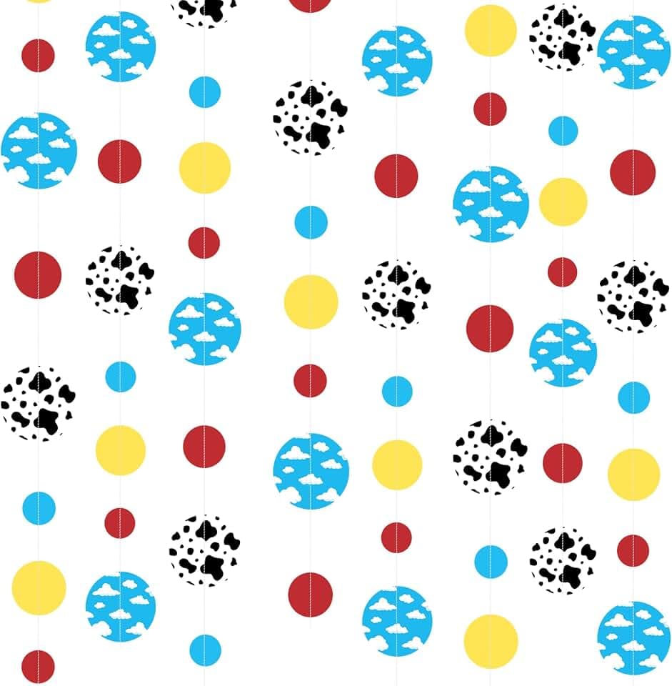 Cartoon Story Party Decorations Blue Yellow Red Circle Dot with Cloud and Cow Print Polka Dots Garland Streamer for Kids Birthday Baby Shower Toy and Story Carnival Theme Party Decorations Supplies