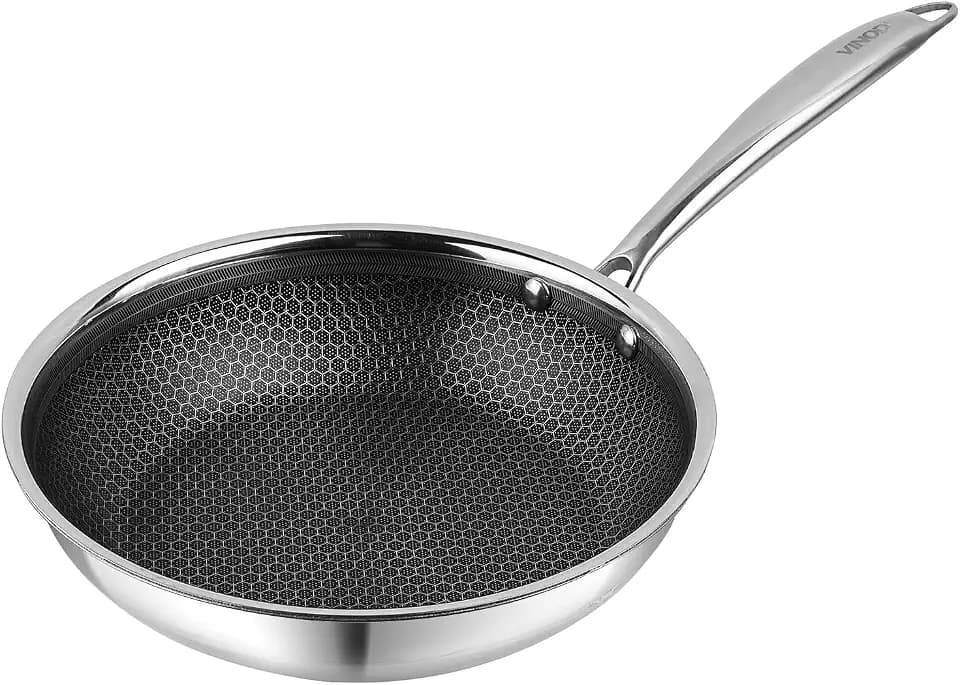 Vinod Platinum Triply Stainless Steel Fry Pan with Honeycomb Pattern Scratch-Resistant Interior Induction Friendly 9.4 in