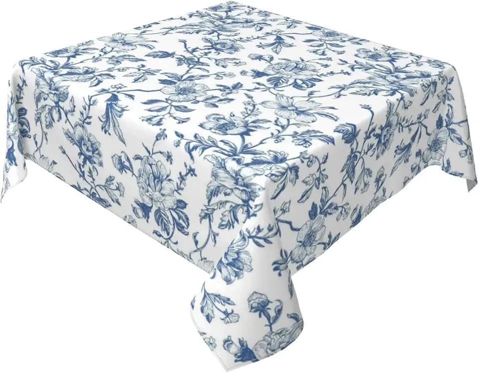 Blue Floral Square Tablecloth 54x54 Inch Chinoiserie Flower Toile Blue Table Cloth Vintage Polyester Fabric Farmhouse Square Floral Table Cover for Party Dining Picnic Kitchen Decor Indoor Outdoor