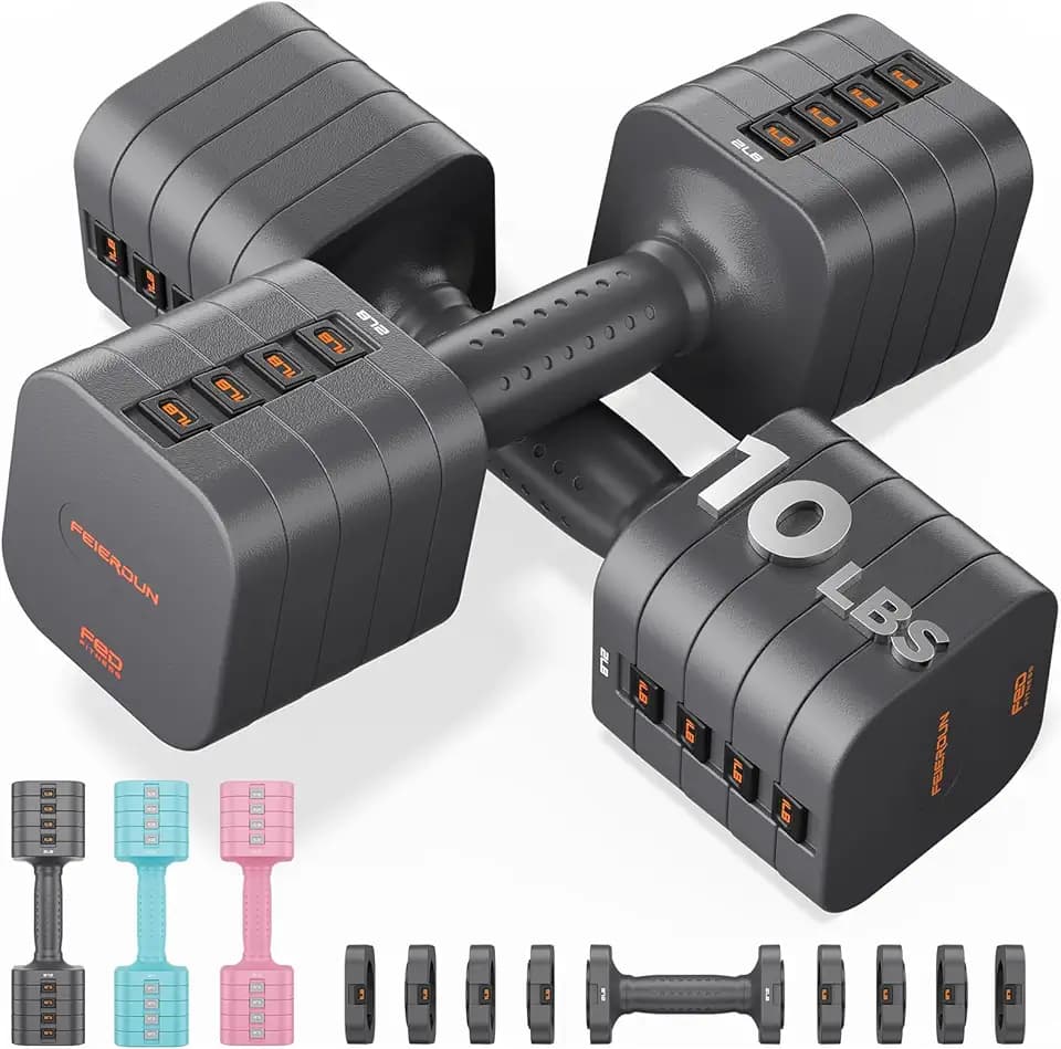 FEIERDUN DB3 5-in-1 Adjustable Dumbbell Set, 6LB/10LB Pair Adjustable Weights for Women at Home, Dual Locking Stable Hand Weights with TPU Soft Handle, Home Gym, Rehab, Pilates, Yoga, Strength Training