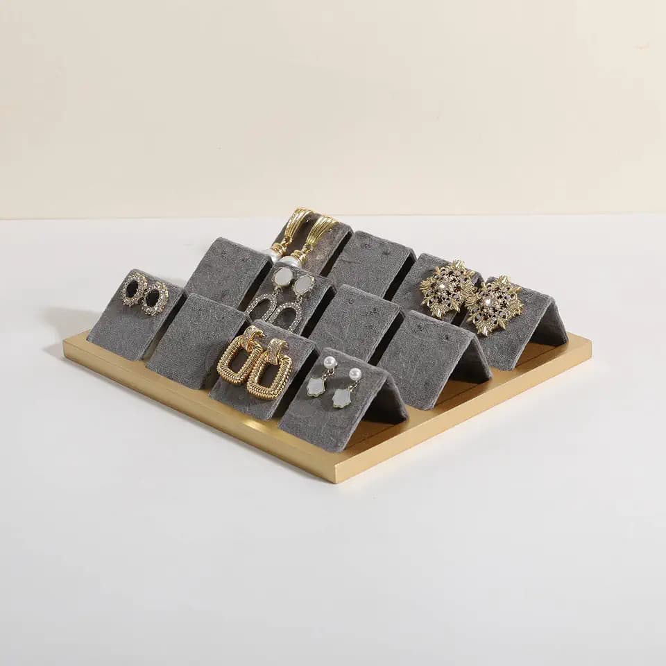 Golden coated earring display stand for selling, velvet stud earring holder for jewelry display, Jewlery earring storage organizer tray, studs holder jewelry organizer【Earring holder-Grey】