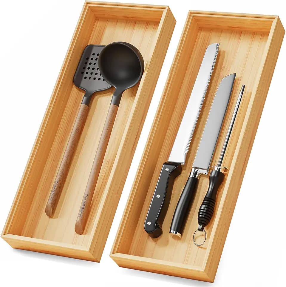Long Bamboo Kitchen Drawer Organizer Boxes 17" x 6" Wood Pantry Organizers