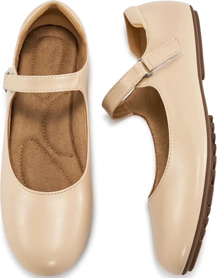 Ablanczoom Mary Jane Flats for Women: Dressy Round Toe Ankle Strap Ballet Flats Comfortable Dress Shoes for Work Office Business Nude