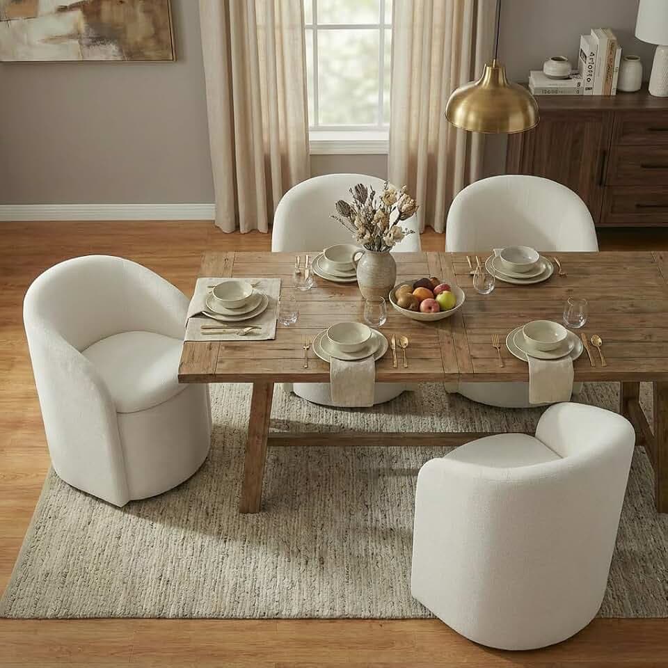 KISLOT Upholstered Dining Chairs with Casters, No Assembly Rolling Modern Dining Room Chairs with Hidden Storage & Barrel Backrest, Accent Chair for Bedroom, Living Room, Dressing, Linen, Set of 4