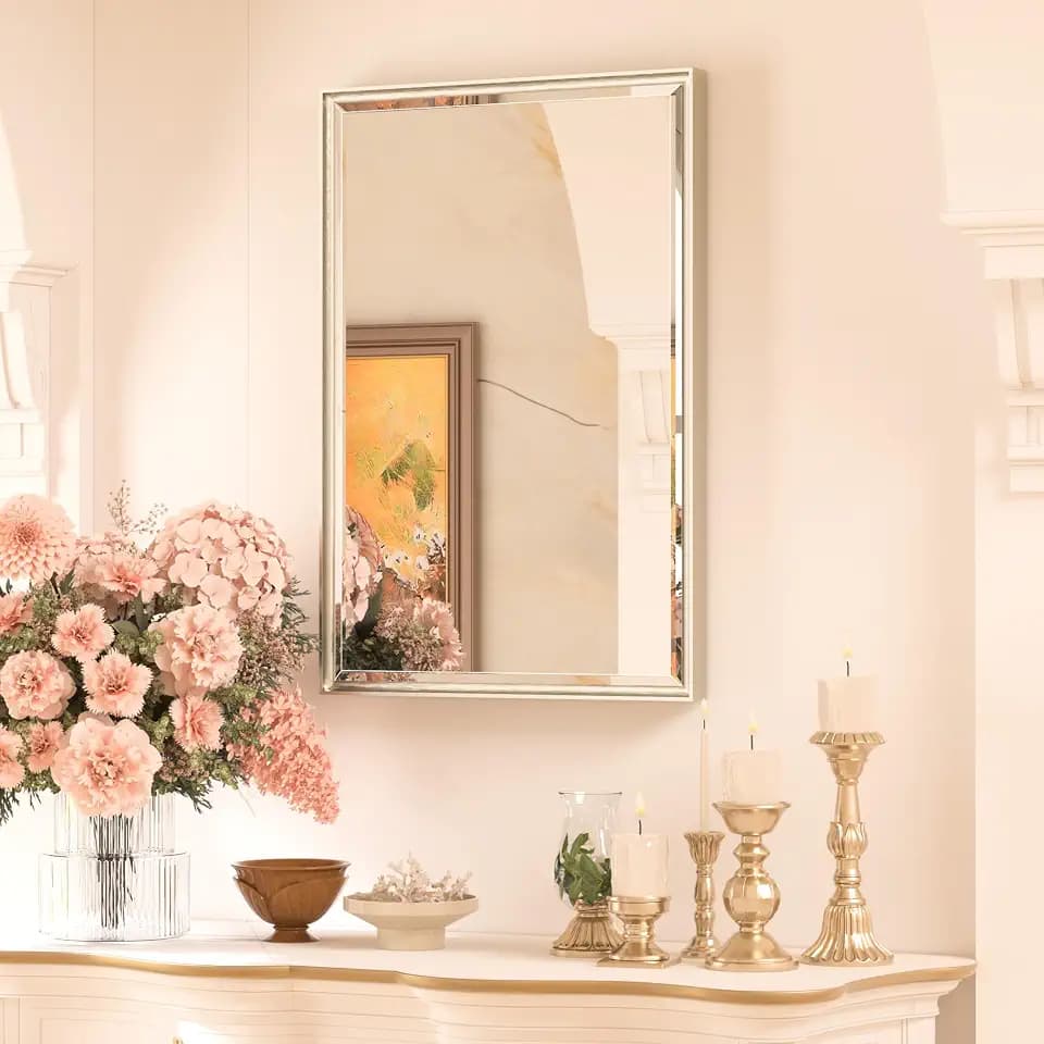 TETOTE 16 x 24 Inch Brushed Nickel Bathroom Mirror Beveled Frame Vanity Mirror, Tempered Glass, Shatterproof, for Modern Bedroom, Entryway, Living Room