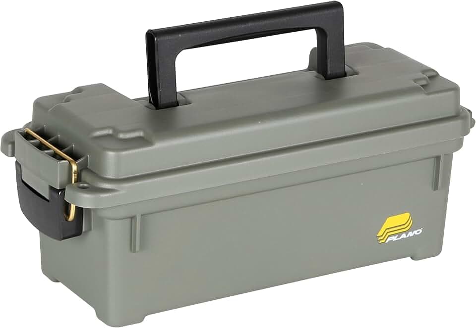 Plano Shot Shell Box, OD Green, Lockable Ammunition Storage Box with Heavy-Duty Carry Handle, Small Plastic Ammo Storage, Water-Resistant Protection, Holds 4 Boxes of Ammo