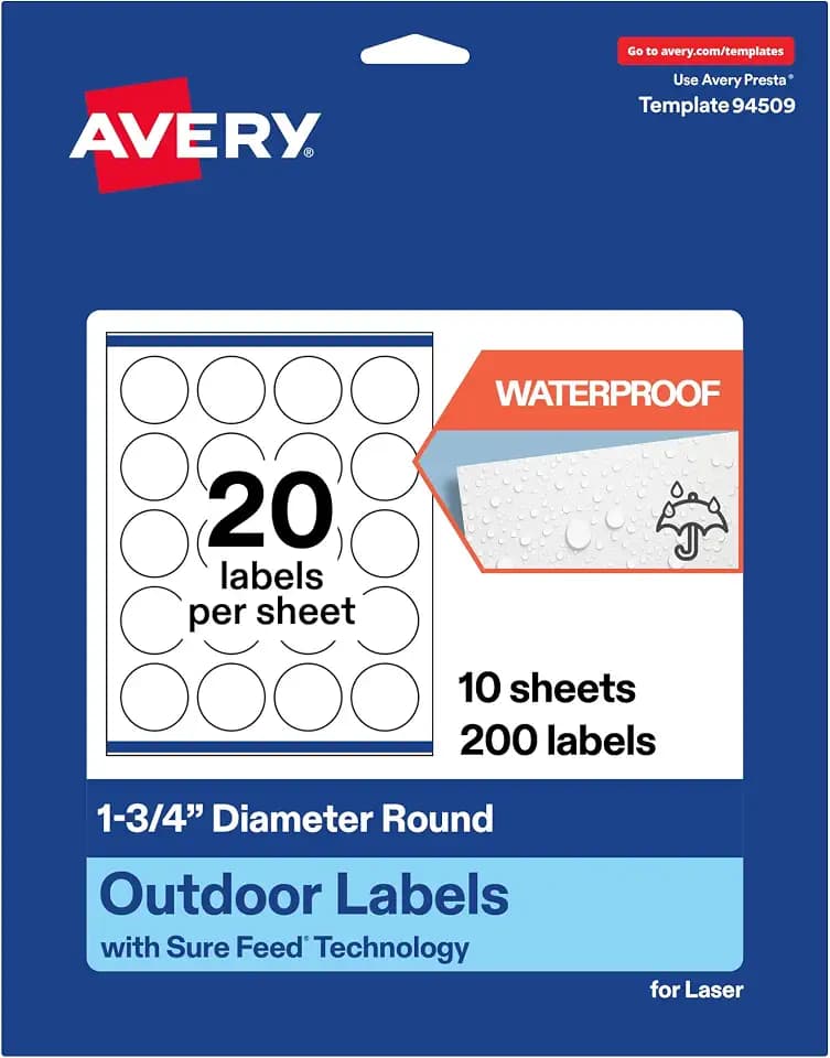 Avery Outdoor Waterproof Round Labels with Sure Feed Technology, 1.75" Diameter, White Film, Print-to-the-Edge, Compatible with Laser Printers, 200 Labels Total