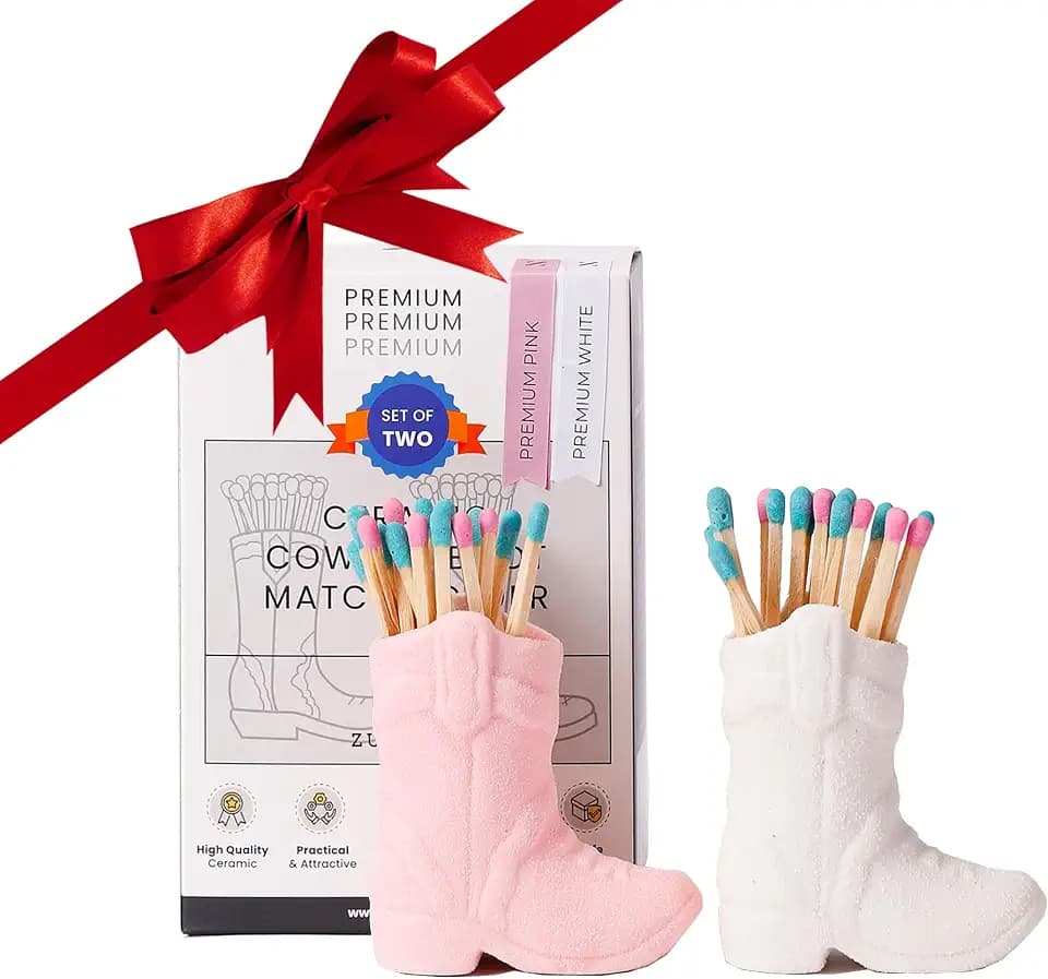 Cowboy Boot Match Holder With Striker for decorative matchsticks Ceramic Cowgirl Boot Decor Aesthetic Small Cute Matchstick Box Western Decorative Mini Matchesboxes For Bathroom (White & Pink)