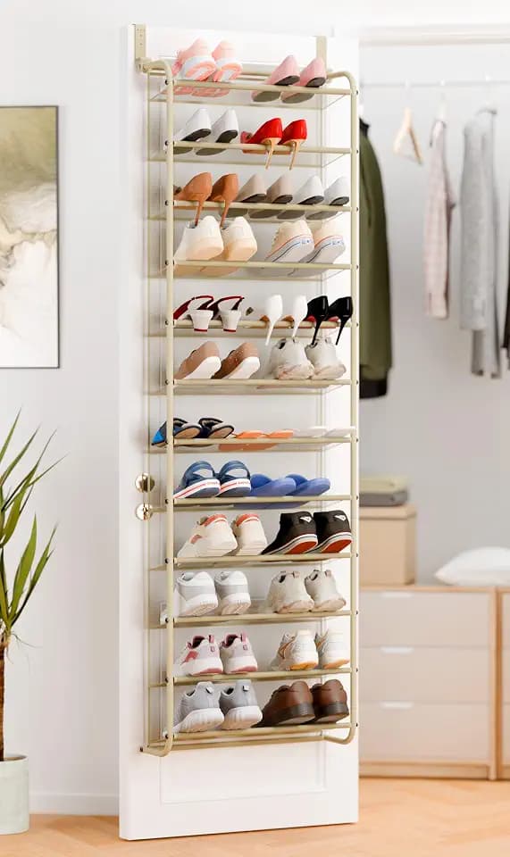 Whitmor 36 Pair Over the Door Shoe Rack,12 Tier Hanging Shoe Organizer with Metal Frame & Mesh Shelves, Heavy Duty Shoe Storage Holder for Door, No Drill Installation, 74" H x 21.7" W x 7.5" D, Oat