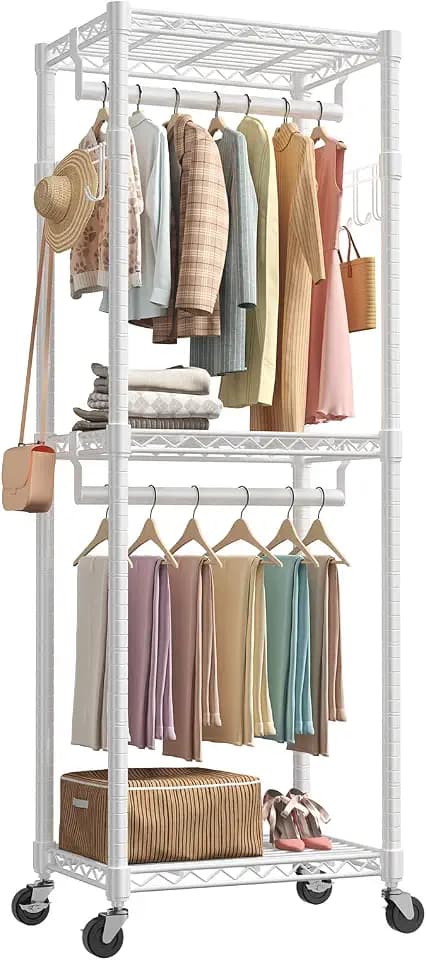 NEWBULIG Heavy Duty Clothing Rack with Wheels, 3-Tier Adjustable Wire Garment Rack, Metal Freestanding Closet Organizer System with Double Hanging Rods & 8 Side Hooks, 23" x 15" x 75", White