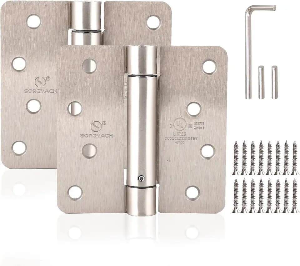 Self Closing Door Hinge 4 inch Satin Nickel Auto Close Hinges Adjustable 4" x 4" Spring Hinges Door Closer Hinge 1/4" Radius Corner Commercial Auto Self-Closing Hinge UL Listed, 2 Pieces