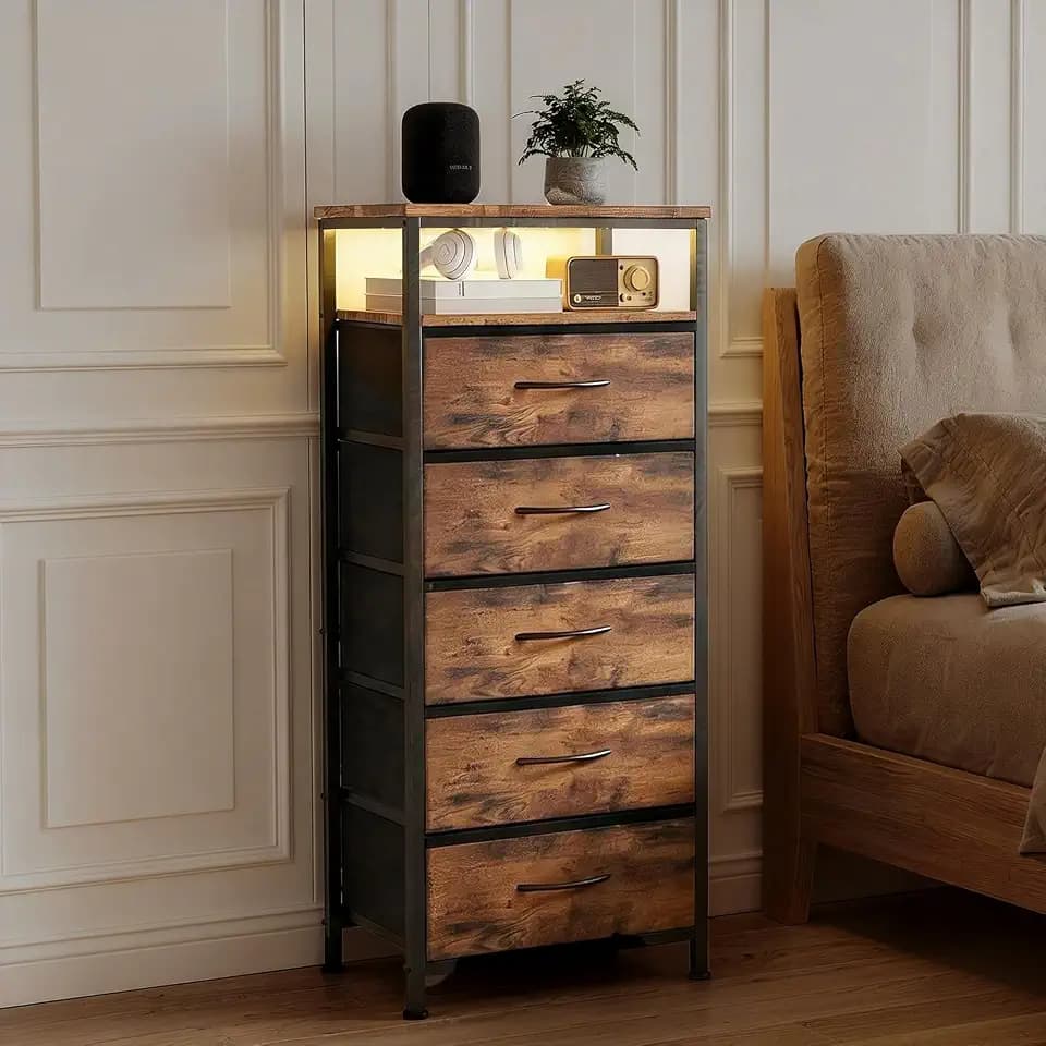 Sweetcrispy Nightstand with Charging Station 5 Fabric Drawers Bedside Table