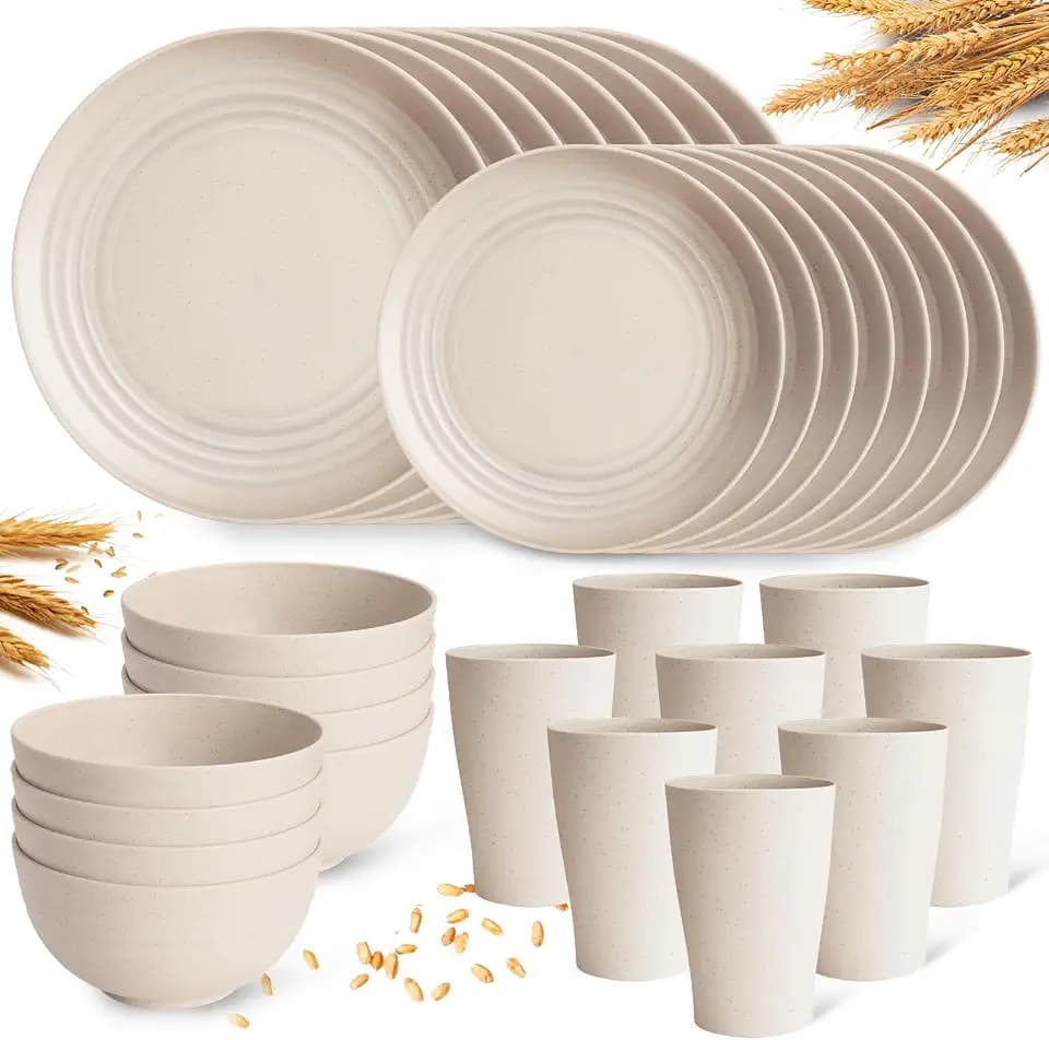 32 Pcs Wheat Straw Dinnerware Set for 8, Cream Reusable Plates and Bowls Set, Microwave Safe Lightweight Unbreakable Dishes Set for Kitchen, Camping, Outdoor, RV
