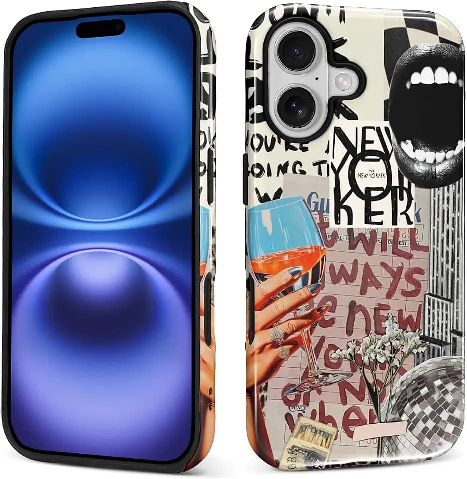 Case for iPhone 17, PC Hard Shell & Silicone Inner Bumper, Anti-Scratch Full-Body Cover Shockproof Slim Design New York Fashion Drinking