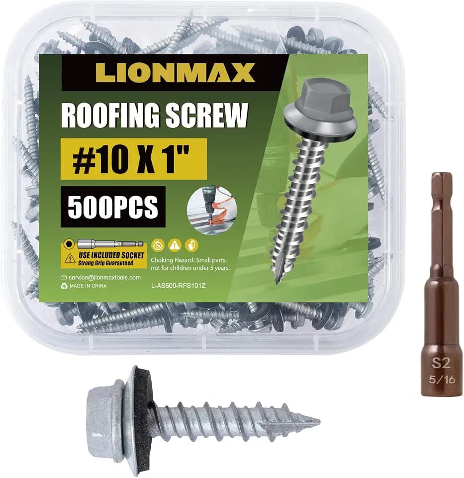 LIONMAX 500-PCS Metal Roofing Screws #10 x 1 Inch, with Rubber Washer
